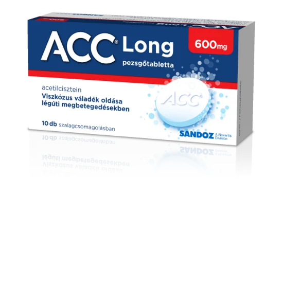 Az ACC long 600 mg pezsgőtabletta, aminek hatóanyaga az acetilcisztein, a légutakban levő sűrű viszkózus váladék oldására alkalmas. Fokozott viszkozitású nyák termelődésével, hurutos köhögéssel járó légúti betegségek váladékoldást elősegítő terápiájában j
